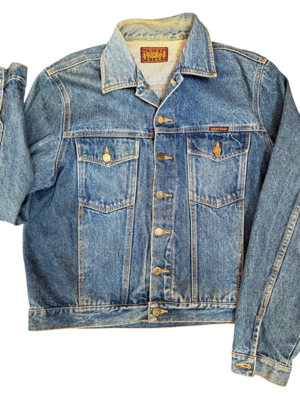 Lucky Star Denim Jacket Medium Wash Trucker Jean Coat Distressed Vintage